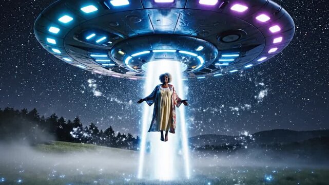 Shiny UFO Saucer Silhouette Appearing Over Meadow in Alien Invasion Scene. 4K Video	