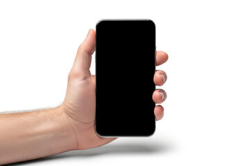 Hand holding a smartphone displaying a black screen isolated on transparent background