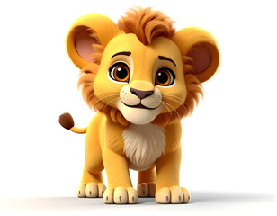Fototapeta premium Cute baby lion cub with fluffy mane looking at camera