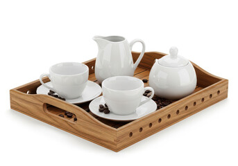 Fototapeta premium Elegant set of white ceramic cups and saucers arranged on a woven tray isolated on transparent background