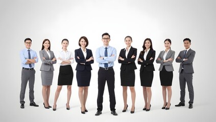 Obraz premium Group of young asian entrepreneurs standing in a row with arms crossed looking at the camera