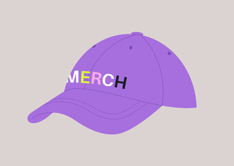 Fototapeta premium This stylish purple cap features bright letters that spell MERCH, making it a fun accessory for casual outings or relaxed daily wear, Ideal for expressing personal style.