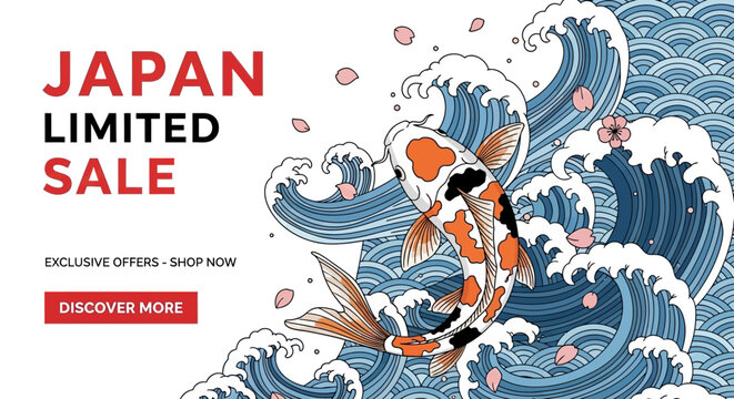 Japan Limited Sale Banner with Koi Fish and Wave Art