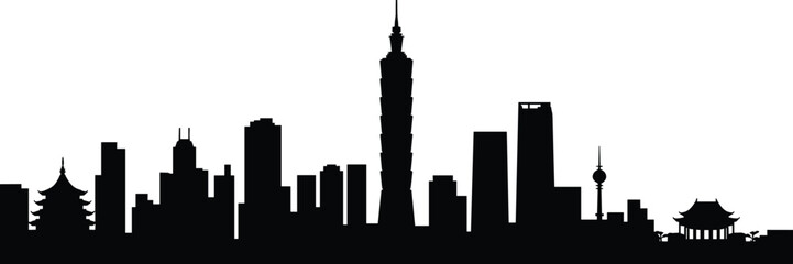 Fototapeta premium East Asian city skyline silhouettes, pagoda, Taipei 101, pavilion, skyscrapers, architecture, travel, tourism, heritage, culture, landmark, urban illustration