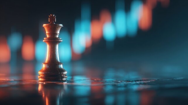 Chess king piece on reflective surface with digital data background