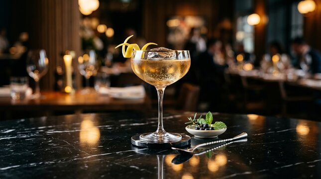 Elegant cocktail with lemon twist and ice served on a marble bar in a dimly lit restaurant