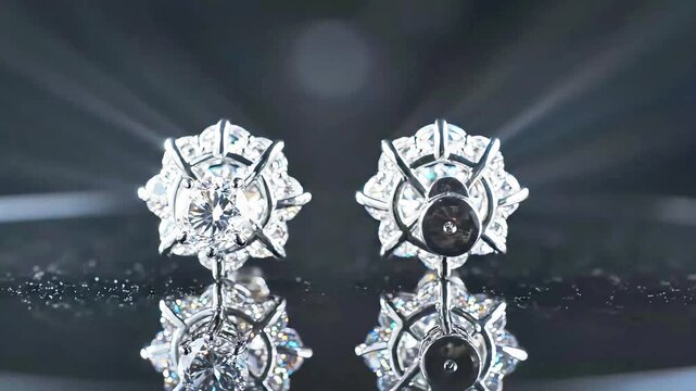 Discover exquisite diamond stud earrings shimmering with brilliant light. These luxurious jewels reflect elegantly on a dark surface, showcasing intricate design and stunning craft