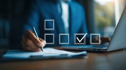 Business professional filling out forms and choosing options with holographic checklist interface