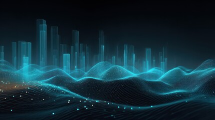 Abstract futuristic city digital landscape with data waves and glowing network points