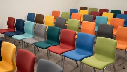 Obraz premium Rows of colorful chairs filling a bright waiting room space indoors
