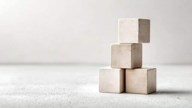 A stack of light wooden cubes on a textured light grey surface isolated on white background