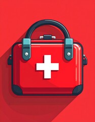 Fototapeta premium A vibrant, cartoon-style depiction of a red first-aid kit against a bright red backdrop. A white cross is displayed prominently
