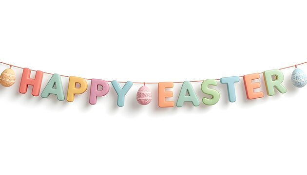 Colorful happy easter banner with pastel letters and eggs on a white background