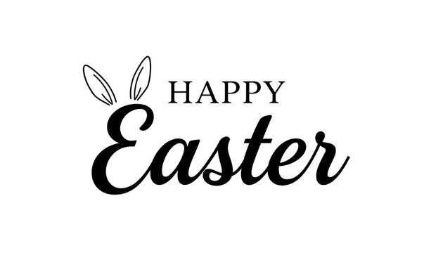 Black happy easter text with bunny ears on white background for holiday greeting card or invitation