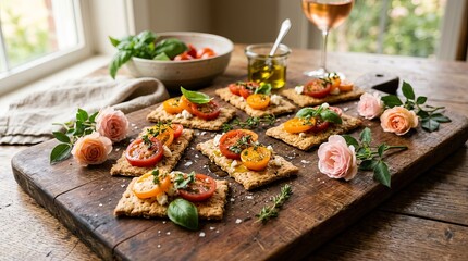 Freshly prepared savory crackers topped with vibrant tomatoes and herbs on a rustic wooden board.
