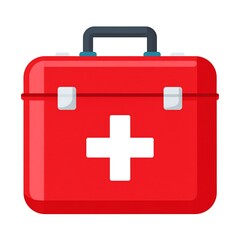 Obraz premium A vibrant, cartoon-style depiction of a red first-aid kit, featuring a prominent white cross on its front, and a dark blue handle