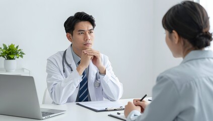 Fototapeta premium Contemplative doctor listens to patient's concerns during a medical consultation in a bright, modern office