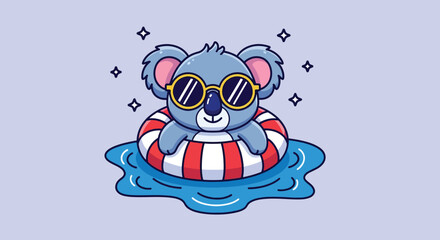 Fototapeta premium Cute Koala Wearing Sunglasses and Floating on an Inflatable Ring in Water.