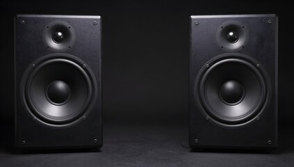 Fototapeta premium Two black speakers sit side by side against a dark background in a studio setting