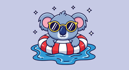 Fototapeta premium Cute Koala Wearing Sunglasses Floating on a Swim Ring in Water.
