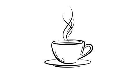 Obraz premium Cup coffee icon with steam rising from black line drawing on white featuring hot beverage, morning drink, saucer with