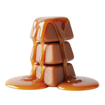 Stack of caramel candies with drizzled caramel sauce isolated on transparent background