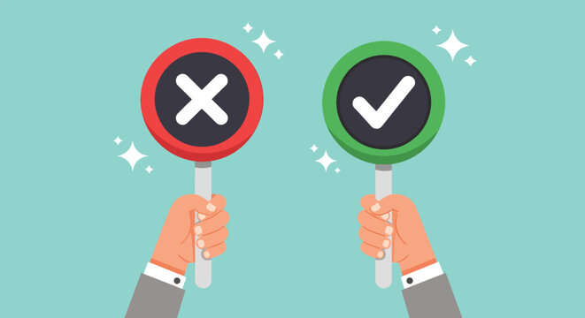 Hands holding right and wrong signs decision making concept.
