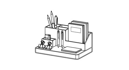 Fototapeta premium Desk organizer with office supplies including paper, pencils, and pen featuring pencil case, stationery, workspace with