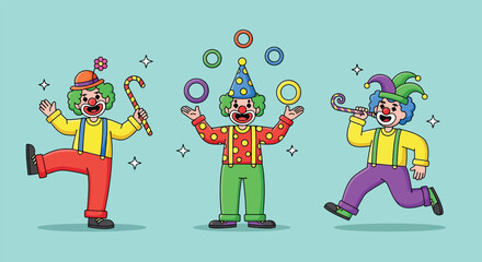 Naklejka premium Three cheerful clowns performing various circus acts with colorful props.