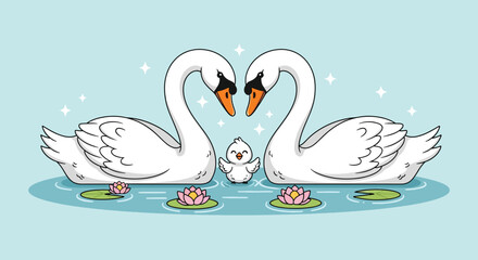 Two elegant swans form a heart shape with their necks with a small cygnet between them floating on a serene pond with lily pads and blossoms. © Caroline Studio