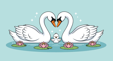 Fototapeta premium Two elegant swans form a heart shape with their necks with a small cygnet between them surrounded by water lilies on a serene pond.