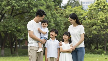 Happy asian family enjoying time together in the park surrounded by greenery