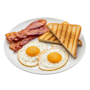 Delicious breakfast plate with eggs bacon and toast isolated on transparent background