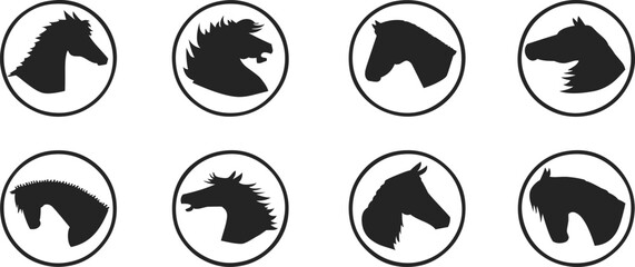Horse head silhouette badge set with circular frames and elegant equine profiles. Minimal animal emblem collection ideal for ranch branding, equestrian clubs, farm labels, and sport team identity desi © Sk