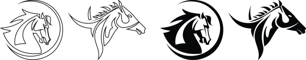 Horse head logo collection with elegant equine profiles and flowing mane shapes. Modern and vintage style animal emblems ideal for ranch branding, equestrian clubs, farm labels, and sport team  © Sk