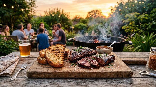 Friends and family gather for a festive backyard barbecue with grilled food and drinks at sunset.