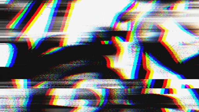 Digital signal corruption texture with RGB chromatic aberration and horizontal scanline artifacts on a dark base. Distorted glitch design for retro video effects and rave party posters.