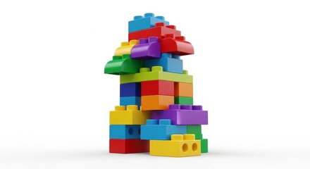 Fototapeta premium Colorful LEGO-style building blocks arranged as a house shape on white background
