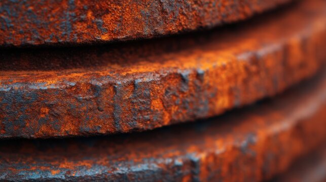 Close-up image of heavily rusted metal with textured, flaky orange-brown corrosion on layered circular surfaces.