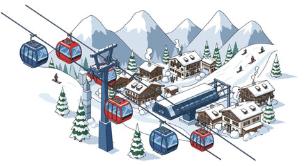 Ski Resort Village with Cable Cars and Snowboarders on Mountains © Vinci
