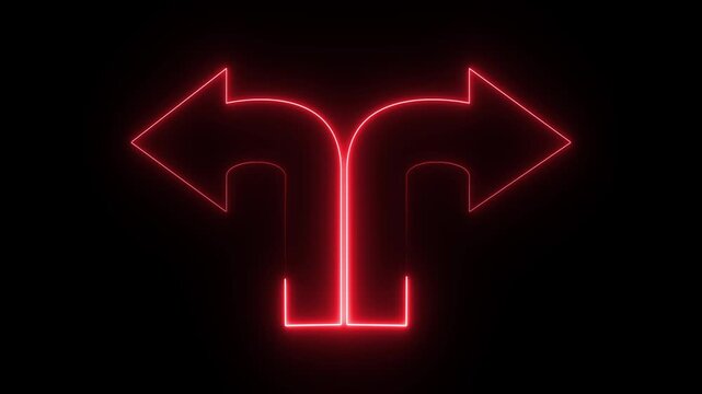 Red neon split arrow light animation on a black background showing left and right directions for motion graphics design. motion videos