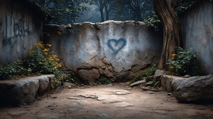 Fototapeta premium Abandoned alleyway with heart graffiti on cracked concrete wall surrounded by vibrant yellow flowers and lush greenery in a serene yet neglected urban landscape