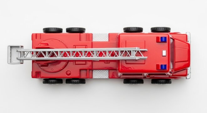 Red Fire Truck with Extendable Ladder on White Background, Top View Perspective
