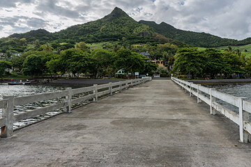 Fototapeta premium Long concrete pier stretching toward a lush green mountain landscape in a tropical coastal setting at Bois des Amourettes, Mauritius island
