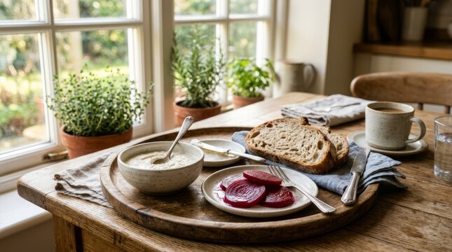 Cozy breakfast spread with fresh bread, soup, and sliced beets on a rustic wooden table by a window.