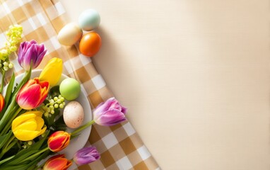 Colorful Easter Brunch Scene with Fresh Flowers and Decorative Eggs
