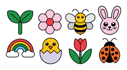 Cute cartoon spring and nature icons including a sprout, flower, bee, bunny, rainbow, chick, tulip, and ladybug.