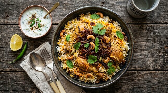 Flavorful chicken biryani served in a rustic bowl with cooling raita and fresh lemon.