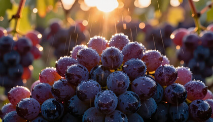 Naklejka premium Bright sunlight shines on clusters of grapes, highlighting the grapes' rich colors. The grapes are glistening with droplets of water, accentuating their freshness and appeal.