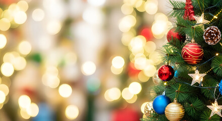 Obraz premium Christmas tree decorations with blurred background lights